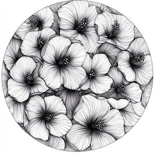 圆形黑白扶桑花图案
