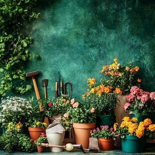 多彩花卉与园艺工具展示