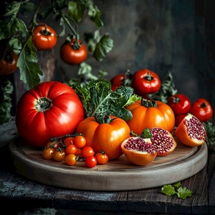 多彩番茄与石榴的静物组合