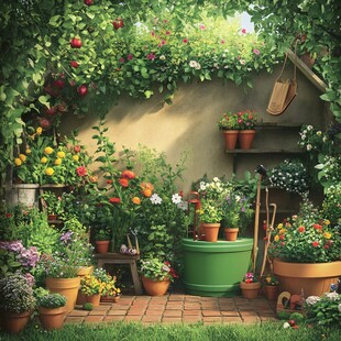 温馨梦幻的庭院花卉角落