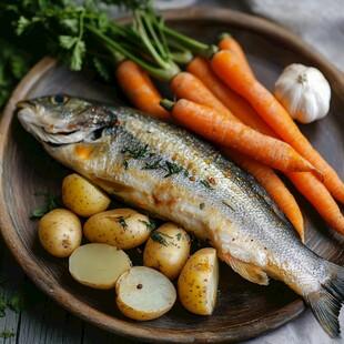 烤鲈鱼配蔬菜摆盘