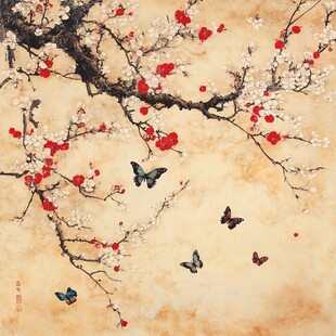 红梅枝头蝶舞中式美景