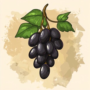 手绘黑葡萄与绿叶插画