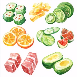 缤纷切片蔬果与肉类插画