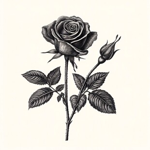 黑白手绘玫瑰与花苞