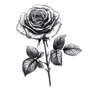 手绘黑白色单枝玫瑰花
