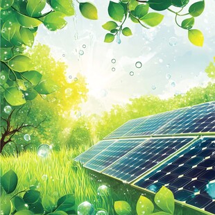 阳光草地间的太阳能板