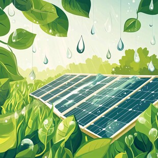 雨中的太阳能板与绿植景观