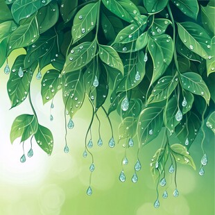 雨后绿叶垂落晶莹水珠
