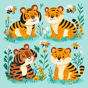 可爱老虎与花草蜜蜂插画