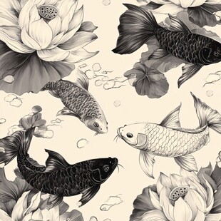 黑白锦鲤荷花图