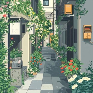 小巷繁花景 清新治愈风