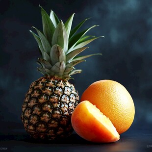 菠萝与橙子的静物组合