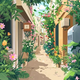 繁花簇拥的温馨小巷