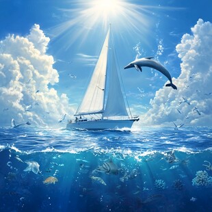 海上帆船伴海豚畅游美景