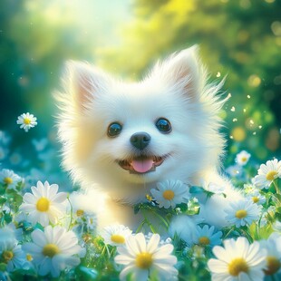 白小狗在雏菊中快乐微笑