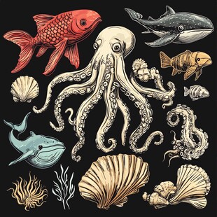 海洋生物手绘插画集合