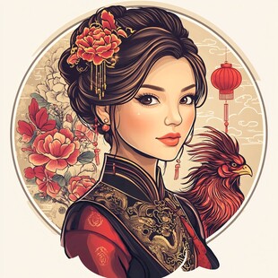 古典旗袍女子与吉祥雄鸡