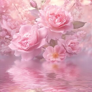 梦幻粉色蔷薇花与水之景