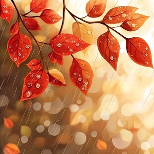 秋雨中的红枫叶