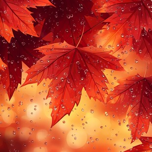 秋枫叶上晶莹水珠美景