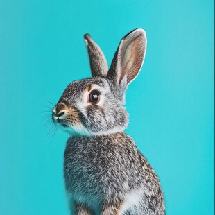 蓝背景下的可爱灰毛小兔