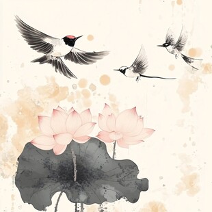 水墨荷花飞鸟图