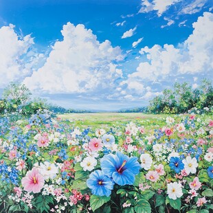 梦幻花海与蓝天白云美景