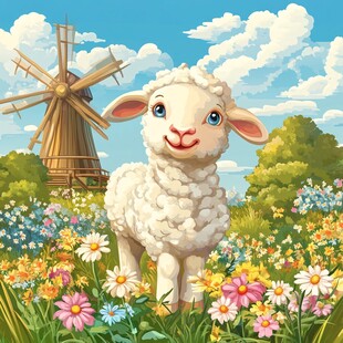 田园小羊与风车的美好景致
