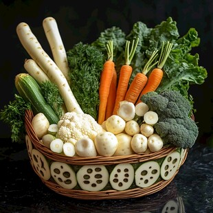 满载新鲜蔬菜的精美菜篮