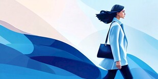 漫步的时尚女性与抽象风景