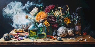 奇幻花卉与魔法药剂静物画