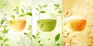 三杯清新茶饮与绿植画面