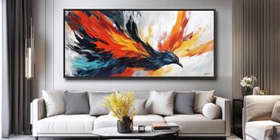 客厅中色彩绚丽的飞鸟挂画