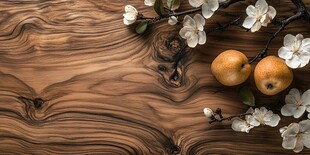 木纹上的春花与鲜梨