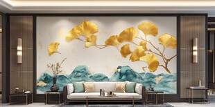 中式客厅银杏山水壁画背景
