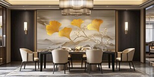 中式餐厅银杏壁画雅致空间