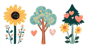 可爱花卉树木爱心插画元素