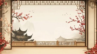 中式古风窗景山水意境图