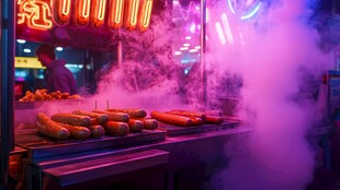 霓虹下的热气腾腾烤物摊