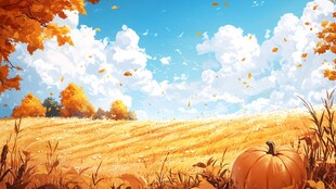 秋日田野的南瓜与落叶景象