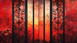 红色雕花门的绚丽光影