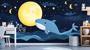 梦幻鲸鱼月夜儿童房背景墙