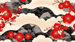 中式水墨梅花海浪纹饰图