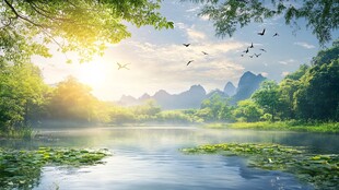 晨曦中的山水飞鸟美景