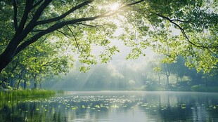 清晨湖畔树林的光影美景