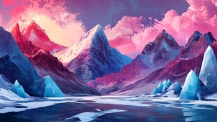 梦幻粉色冰川山脉景观