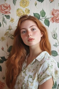 红发少女倚于花卉墙前
