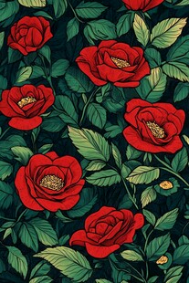 红玫瑰绿叶花卉图案背景