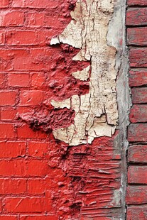 剥落红漆砖墙纹理特写